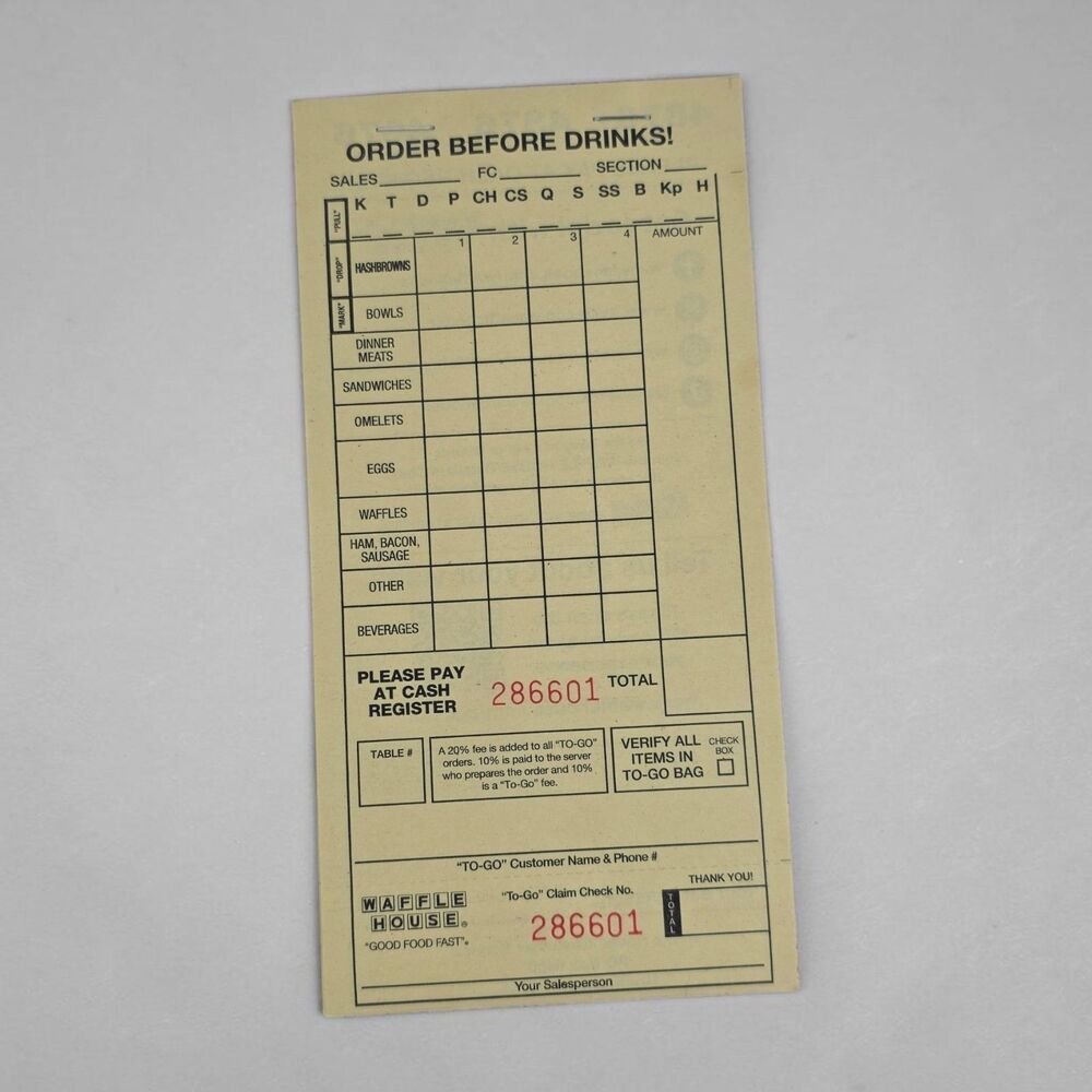 Waffle House Server Ticket Book NEW Unused Discontinued 50 Pages Restaurant Rare